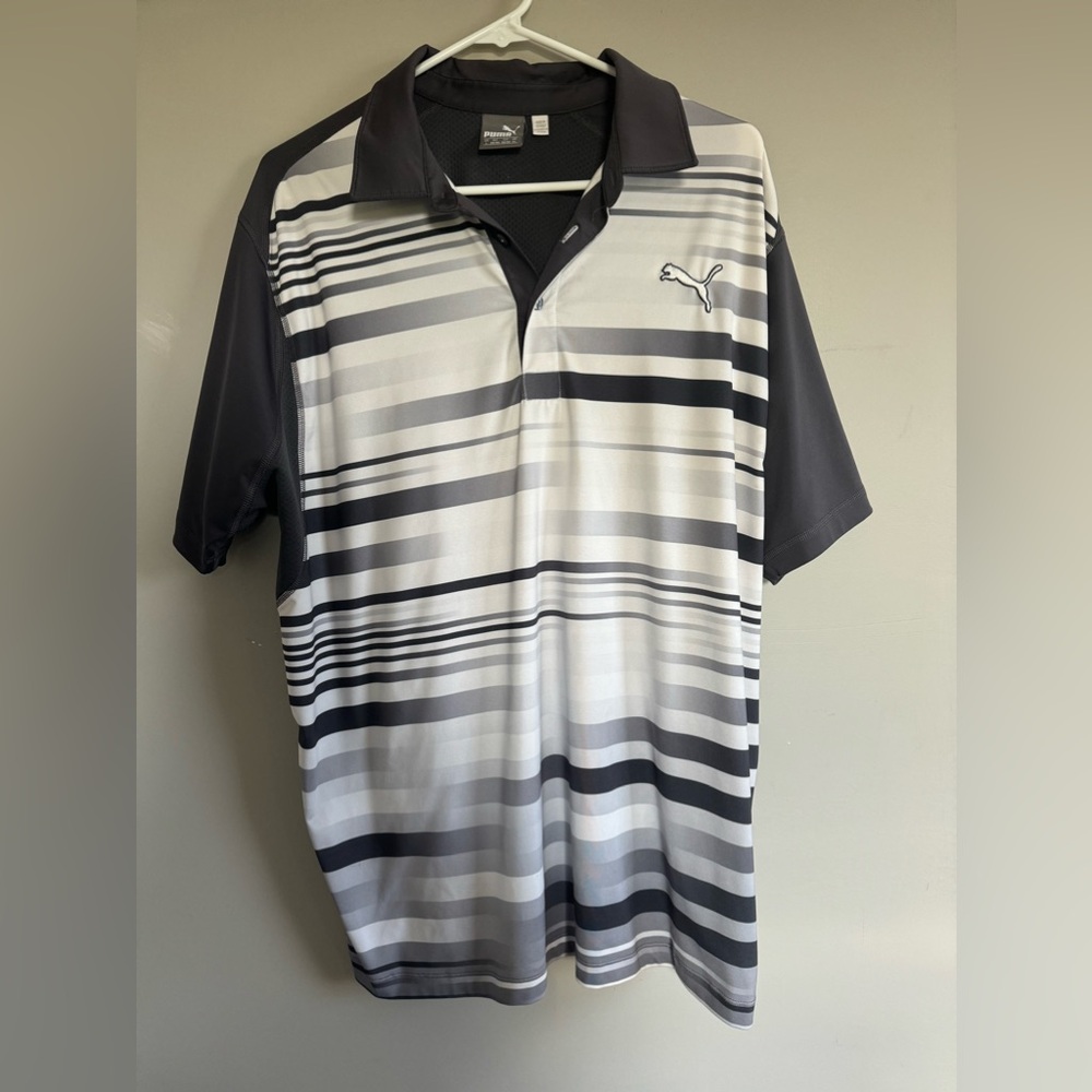 Men’s Puma Golf Polo Size Large Navy White Strip 100% Polyester
